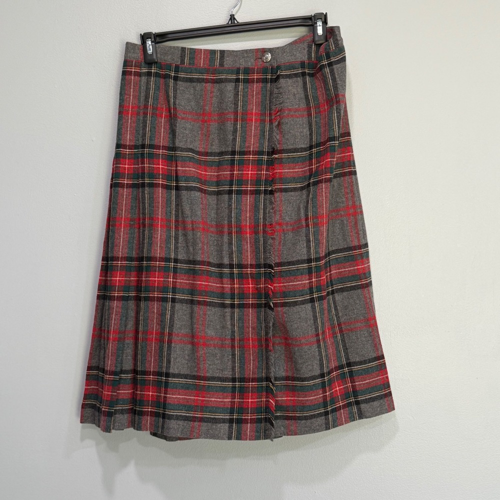 Vintage dark academia‎ Plaid Kilt Skirt Grey Red Green Pleated Wrap Midi Womens